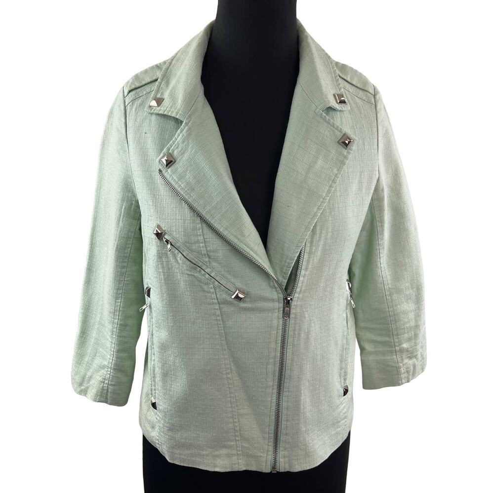 Line & Dot Mint Green Asymmetric Zip Cotton Moto Jacket Studded Lightweight M